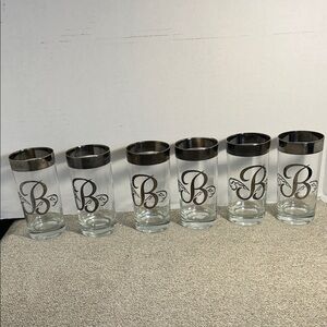 Vintage Set of 6 Monogrammed Beer Glasses with Silver Trim 5 1/2 inch